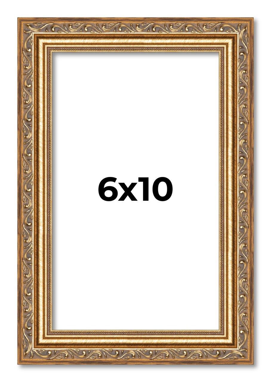 6x10 Solid Wood Antique Picture Frame with UV-Resistant Acrylic & Acid-Free Backing, Available in 4 Finishes: Bronze, Gold, Silver, and Gold with Black